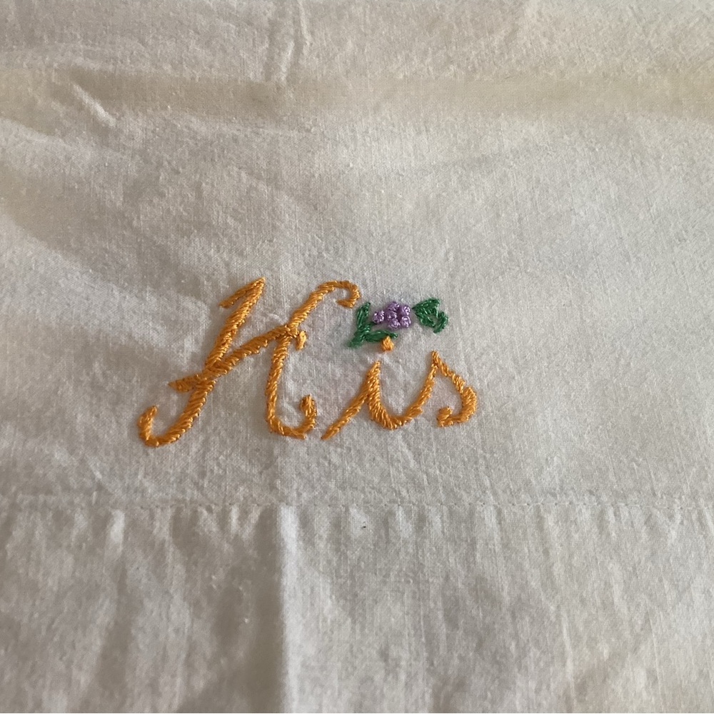 VTG White Pillowcaseswith Yellow Embroidered 'His' and ‘Hers’Flower Pillow Cases